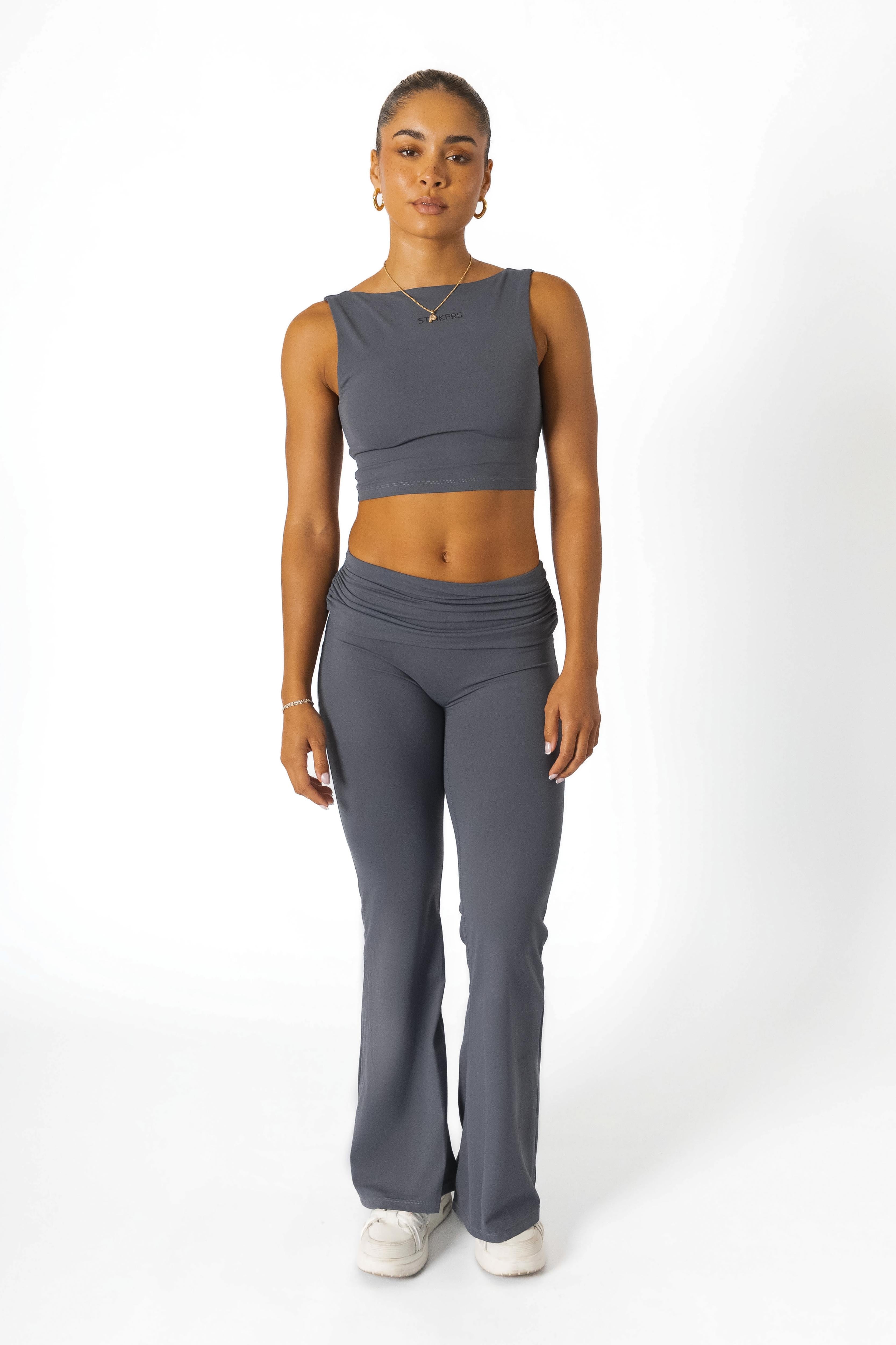 Fold Over Open-Back Crop Top Grey