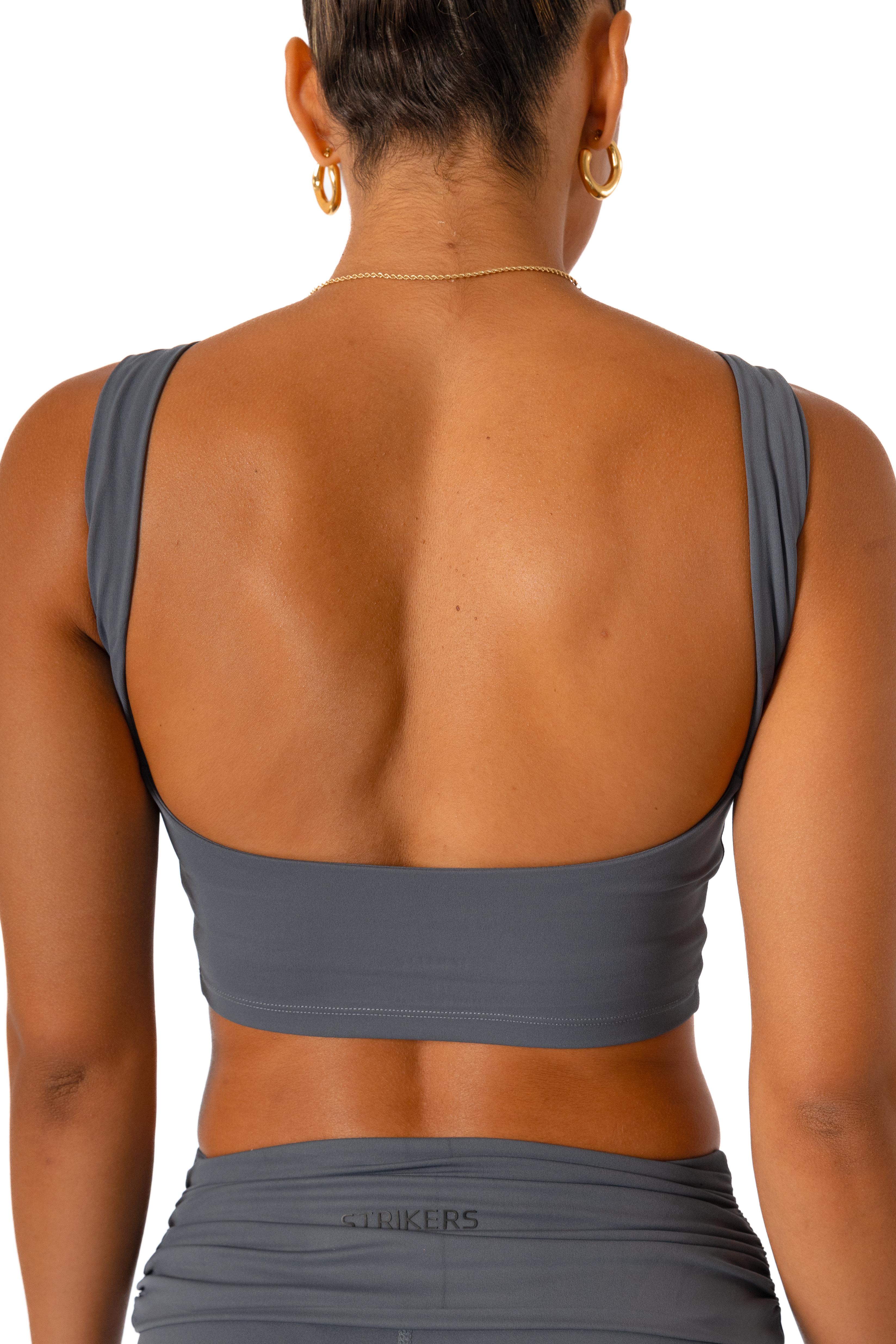 Fold Over Open-Back Crop Top Grey