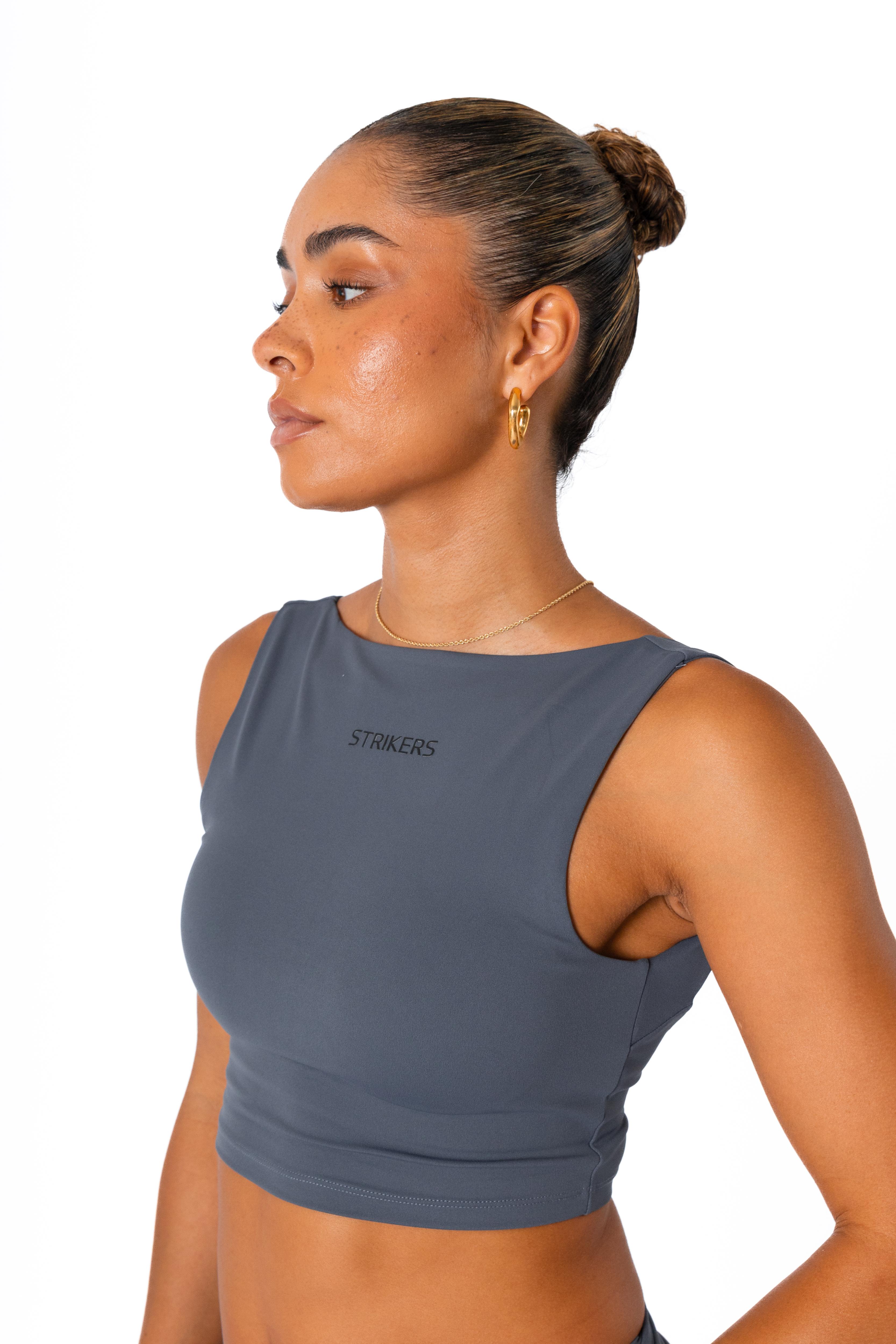 Fold Over Open-Back Crop Top Grey