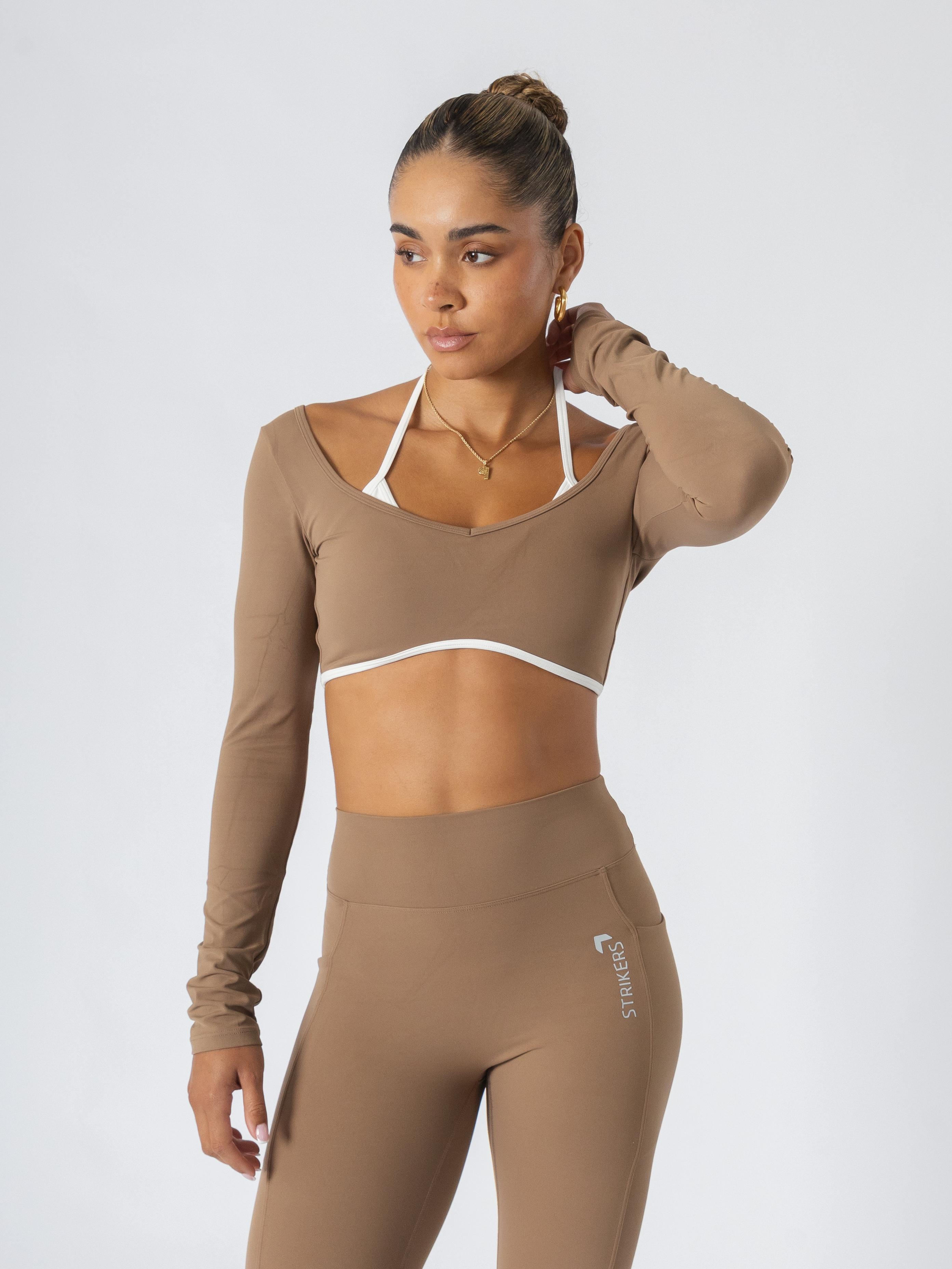 Soft Contrast-Trim Long Sleeve Crop Top Caramel