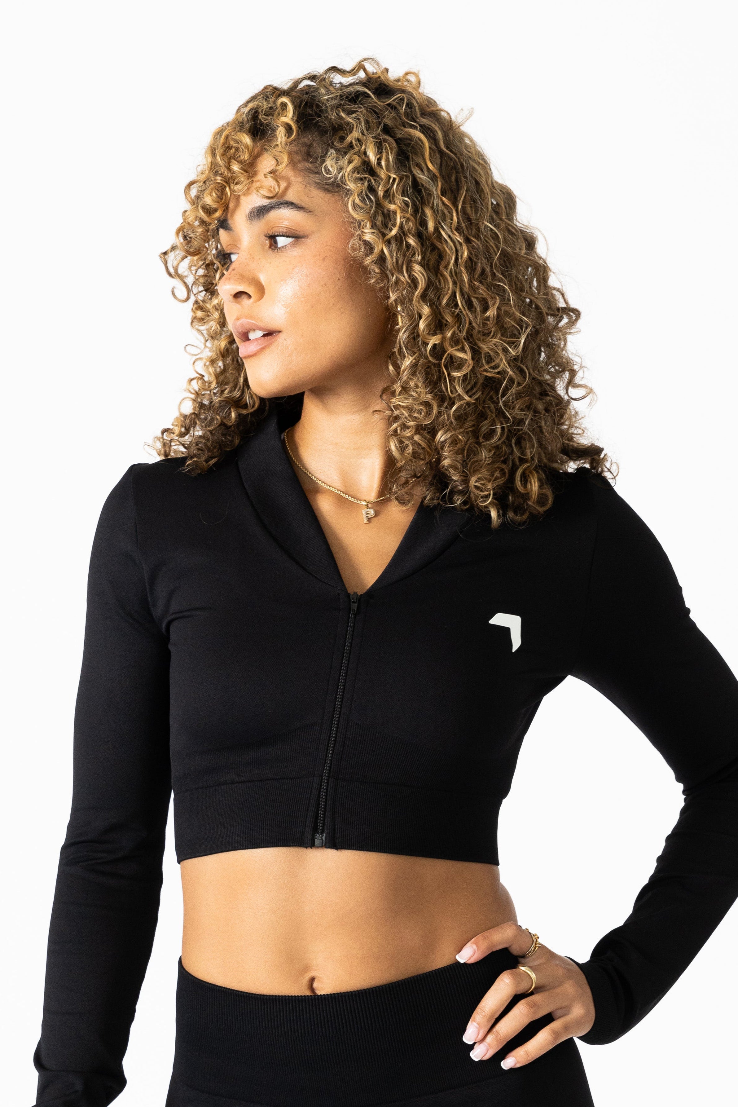 Split Flared Seamless Cropped Track Jacket Black