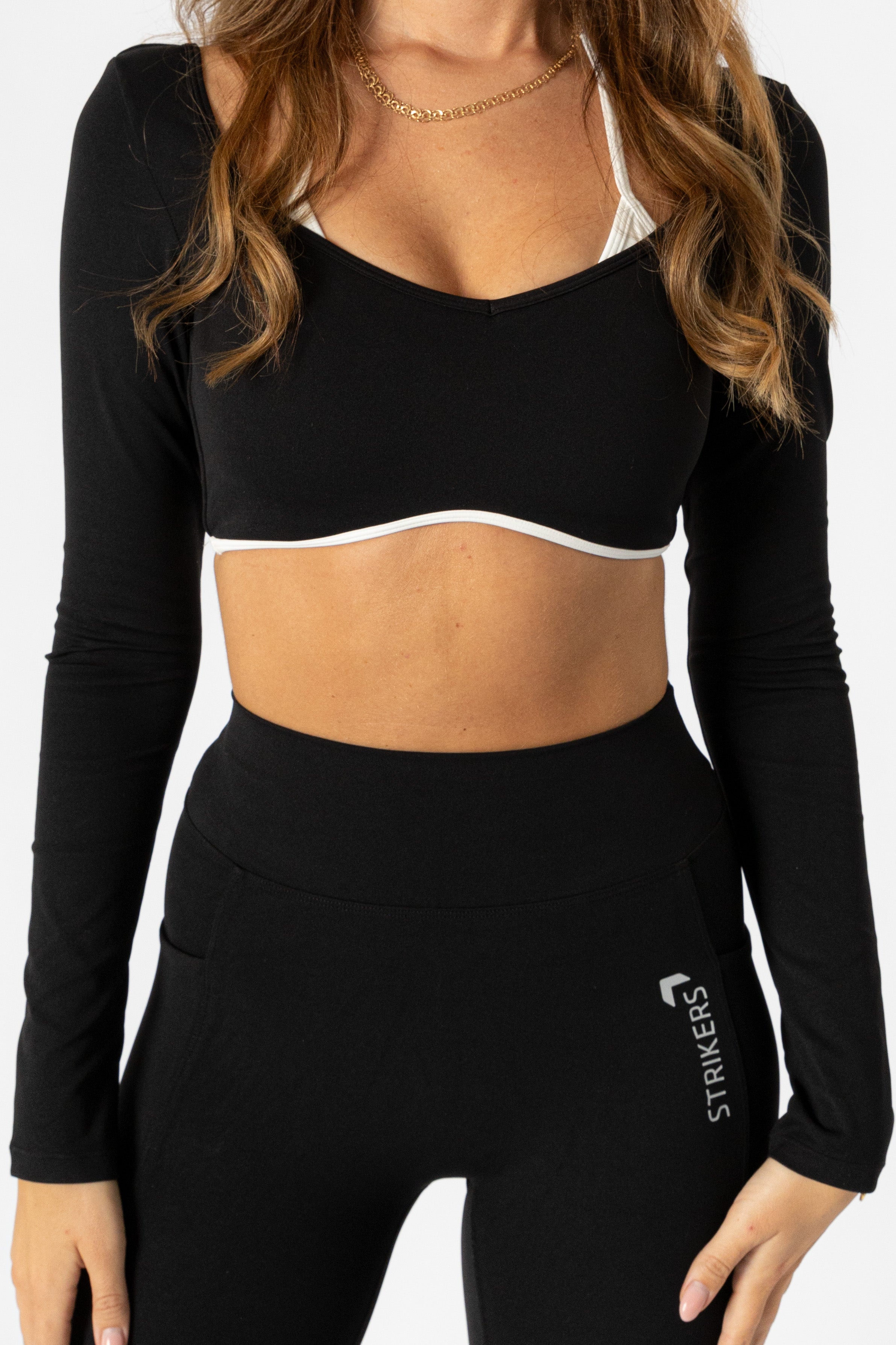 Soft Contrast-Trim Long Sleeve Crop Top Black