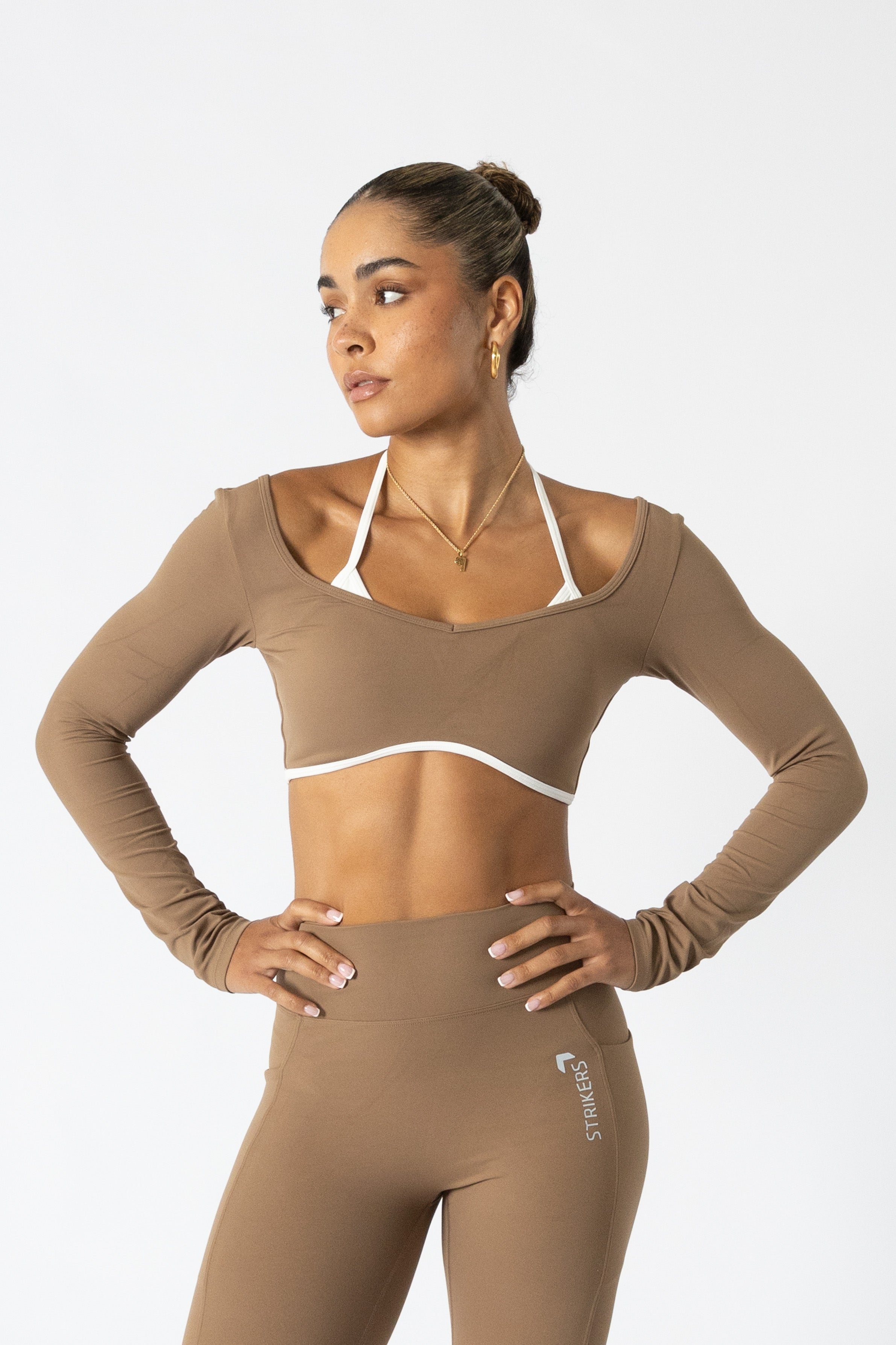 Soft Contrast-Trim Long Sleeve Crop Top Caramel