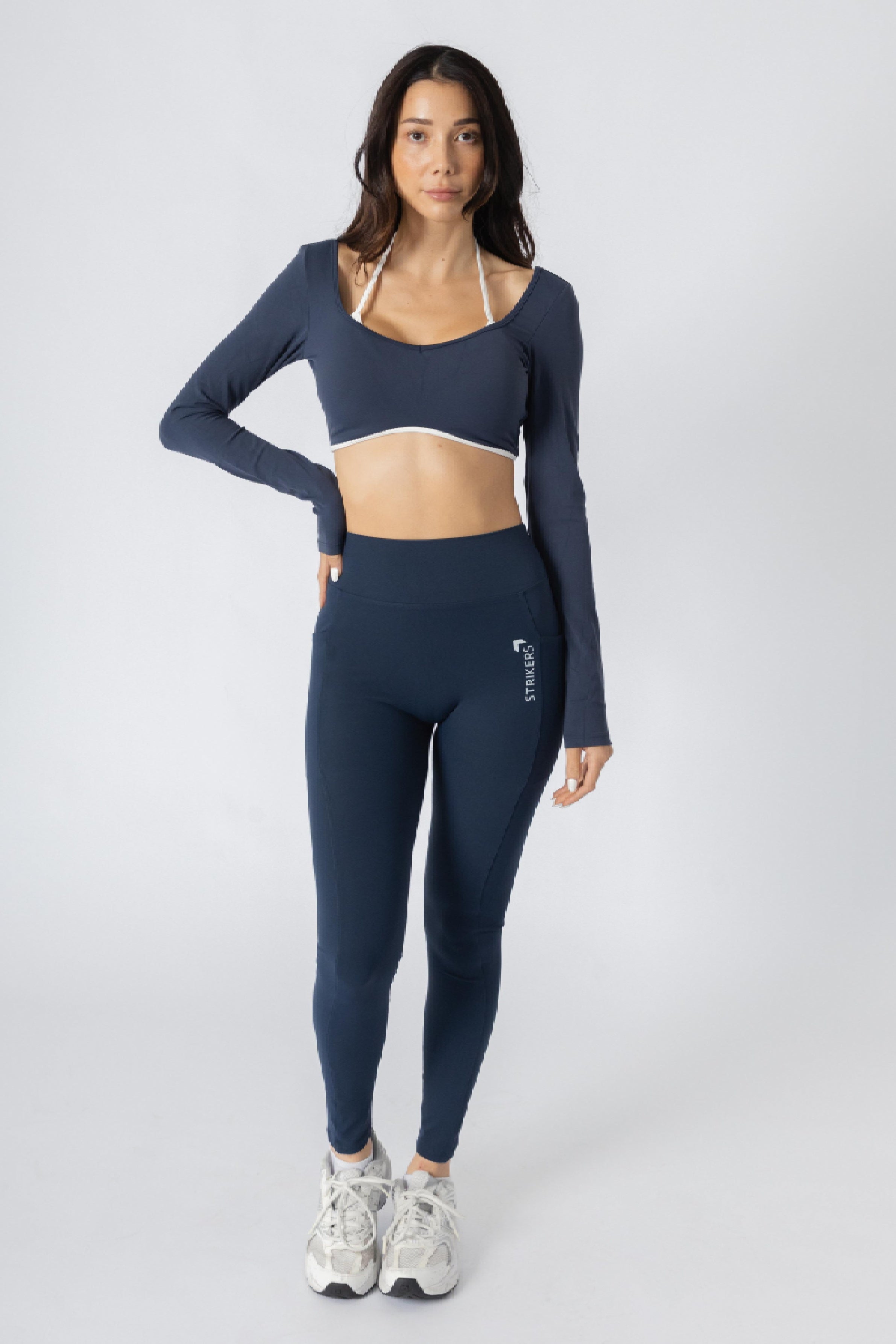 Soft Contrast-Trim Long Sleeve Crop Top Navy
