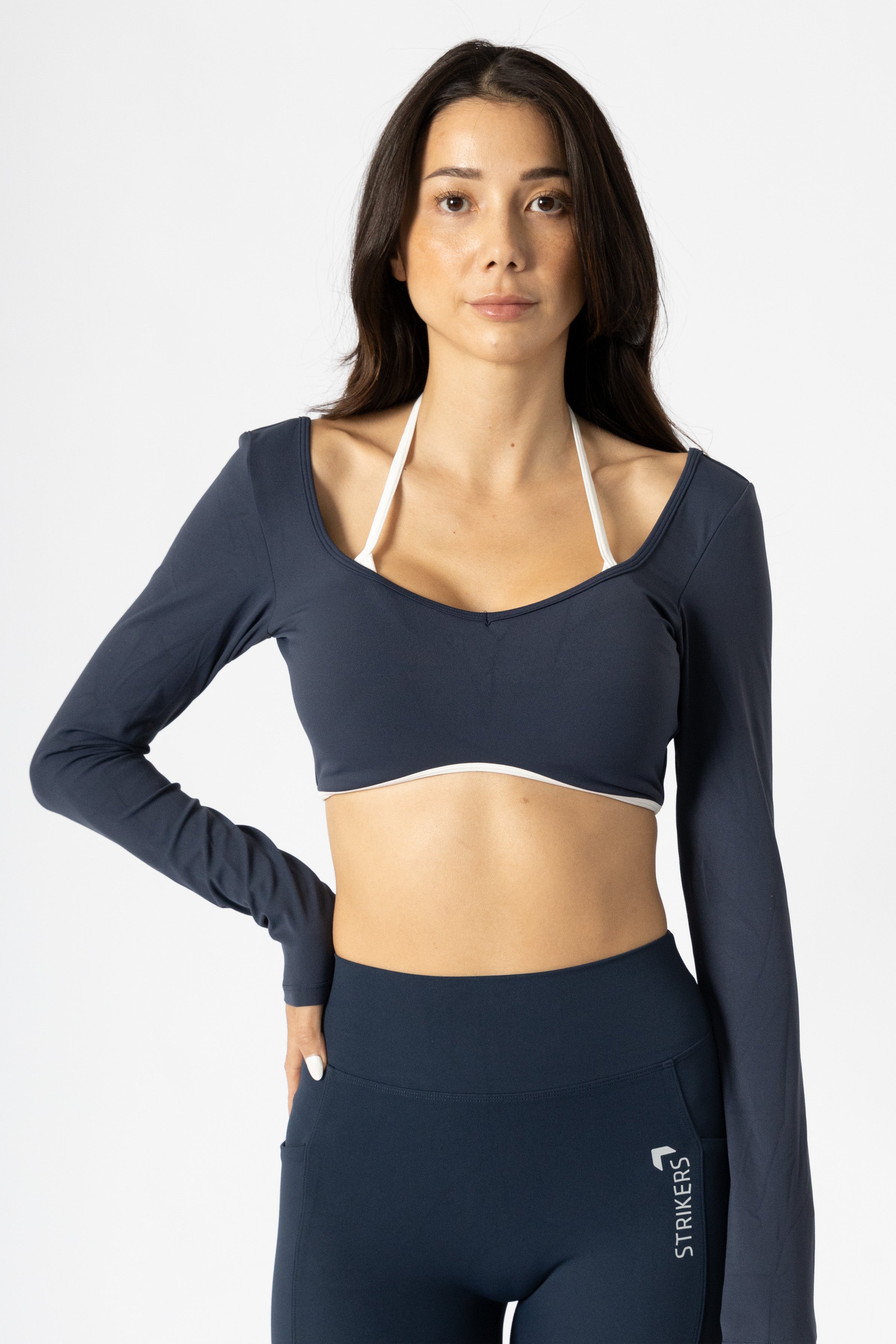Soft Contrast-Trim Long Sleeve Crop Top Navy